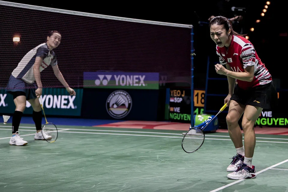 Singapore's Yeo Jia Min celebrating a point against Vietnam's Nguyen Thuy Linh en route to winning the German Open women's singles final on March 2.