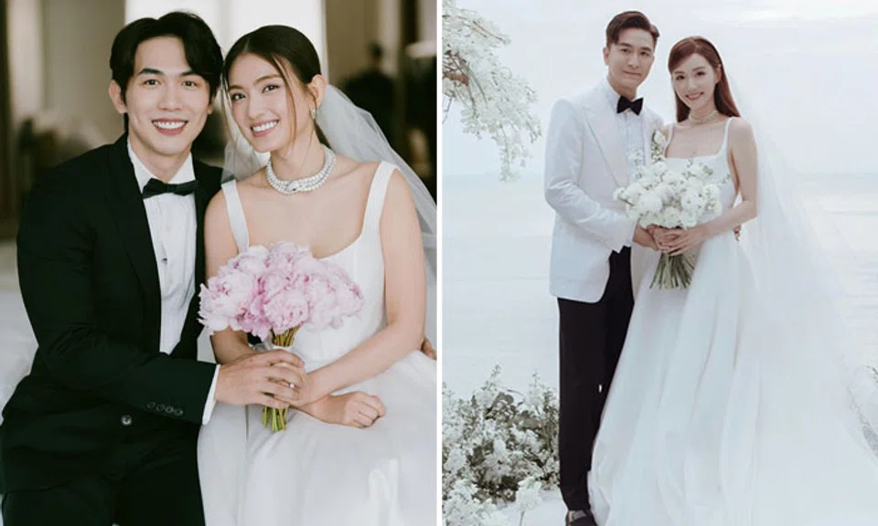 Nick Teo and Hong Ling (left) and Kenneth Ma and Roxanne Tong were among couples in the entertainment industry who held their weddings in the past week. PHOTOS: THE_CELEBRITYAGENCY/INSTAGRAM, KENNETHMKM/INSTAGRAM