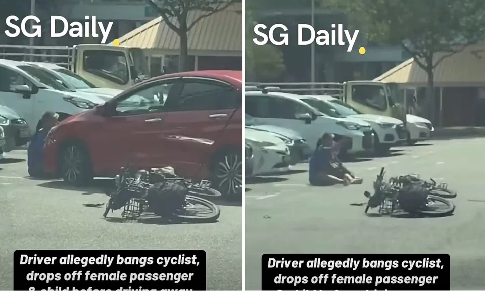 cyclist left sprawling on carpark after car allegedly knocked him down