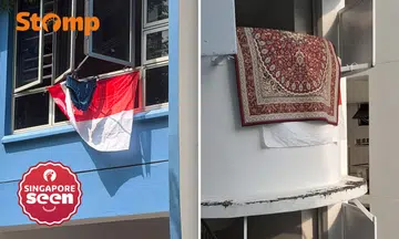 Underwear and carpets seen hanging over Singapore flag