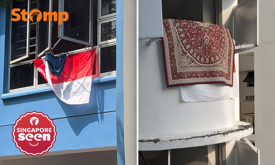 Underwear and carpets seen hanging over Singapore flag