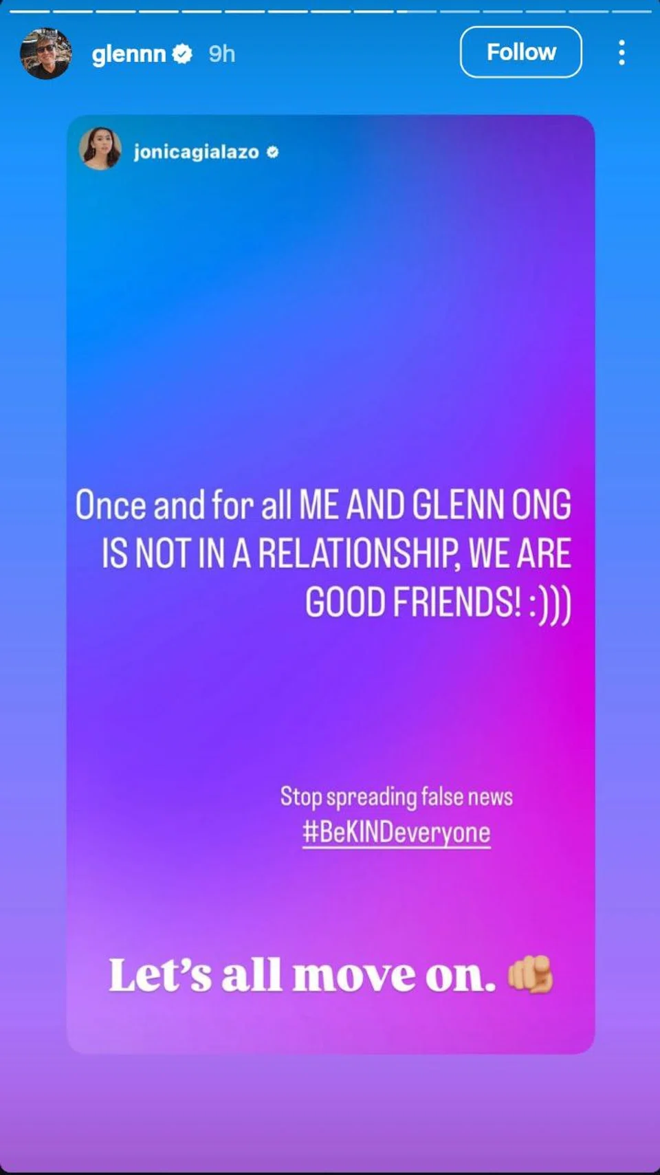 Ong shared Lazo's Instagram story on Oct 8, with Lazo doing the same with his the same day.