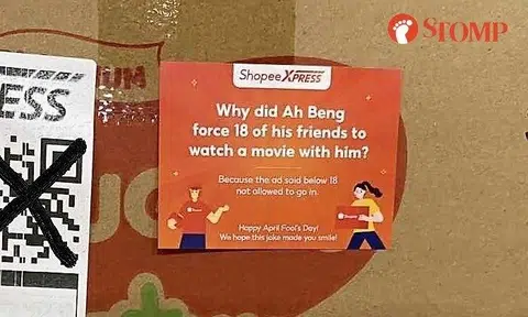 Joke like this one were pasted on 8,000 parcels delivered by Shopee Xpress pasted across Singapore to celebrate April Fool’s on Saturday (April 1).