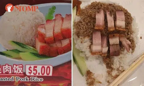 The Stomper shared a photo of what the roasted pork rice was supposed to look like on the signboard of the stall and a photo of the food she got.
