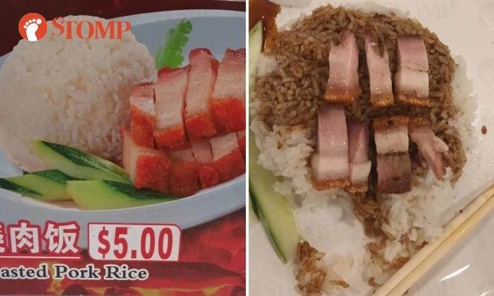 The Stomper shared a photo of what the roasted pork rice was supposed to look like on the signboard of the stall and a photo of the food she got.