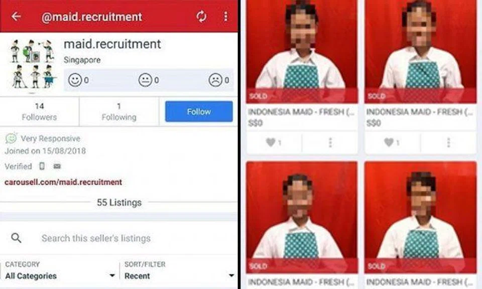 Faces of maids, allegedly from Indonesia, were posted in Carousell listings put up by user @maid.recruitment. PHOTO: SCREENGRAB FROM CAROUSELL