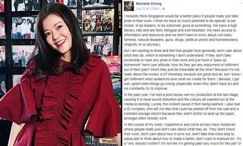 Michelle Chong's rant about S'poreans who don't take pride in their jobs divides the Internet