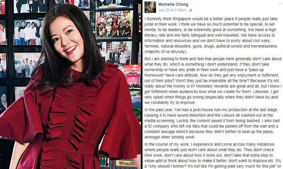 Michelle Chong's rant about S'poreans who don't take pride in their jobs divides the Internet
