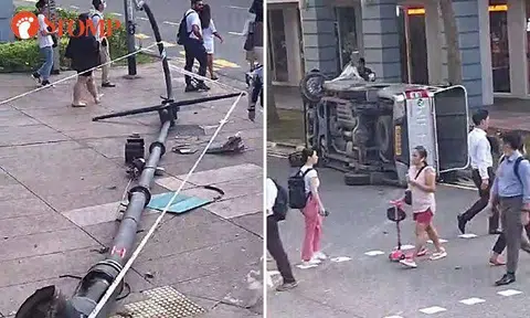 Driver taken to hospital after pick-up truck skids and crashes into lamp post at Bras Basah