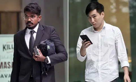 Shivasuria Maniam Kesaval (left) was sentenced to a year and four months’ jail on July 2. There is a warrant of arrest against his friend, Brayden Ong Ying Shan, who had fled the country by boat following his conviction.