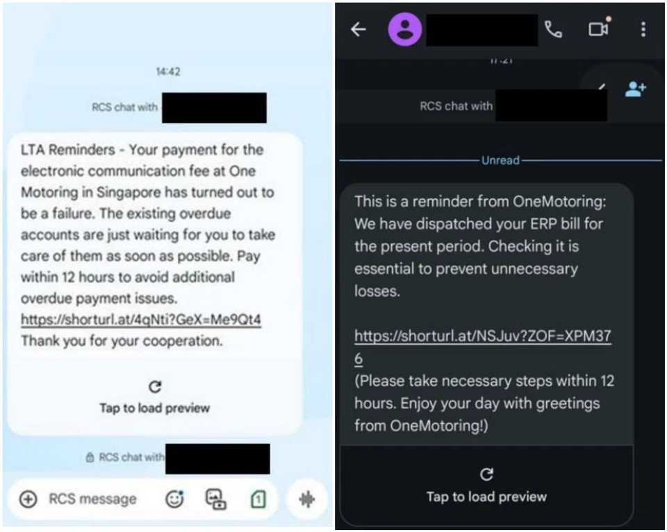 Text messages sent by the scammer with an embedded link to phishing payment websites.