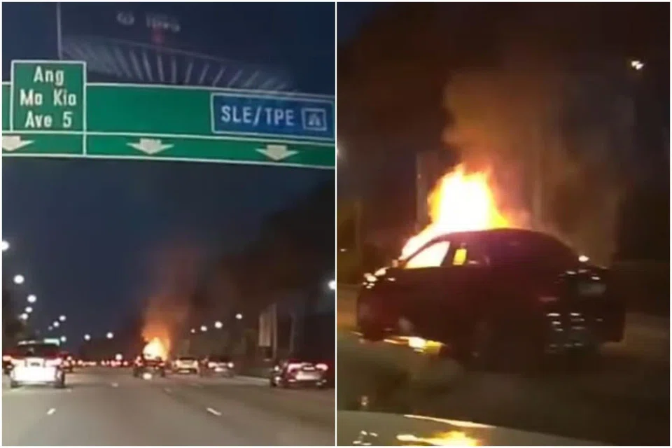 A video of the incident shared on Facebook shows flames leaping from the car’s bonnet.