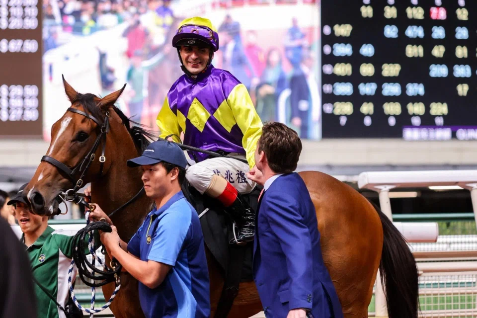 Colourful King (Andrea Atzeni) returning to scales after he won the Class 3 race (1,000m) at Happy Valley on March 19. He will run in a similar race on April 9. 