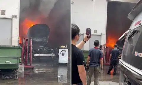 The fire involved the contents of a car in a workshop on the first floor, and was extinguished by firefighters using two water jets.