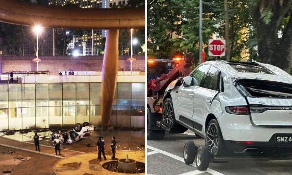 A 56-year-old man is being investigated for dangerous driving after an accident involving a car that apparently fell into Suntec City’s Fountain of Wealth in the early hours of July 13.