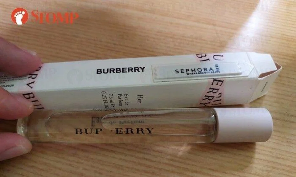 She shared a photo of the product with the Sephora tag still attached to the box and the second "B" and part of the first "R" missing from the Burberry bottle.