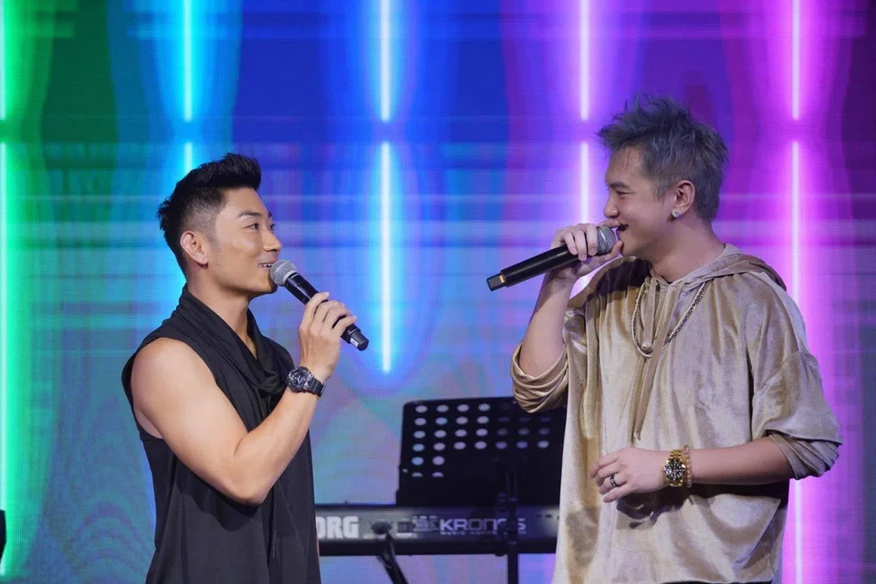 Singaporean singer Alfred Sim (left) and actor Ian Fang (right) performing at the Singapore Chinese Cultural Centre, during a TGIF Music Station performance on March 6, 2020. PHOTO: SINGAPORE CHINESE CULTURAL CENTRE