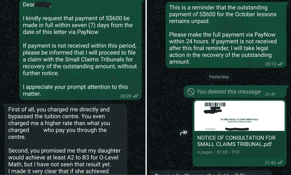 A tutor and a parent are in dispute over $600 in tuition fees. 