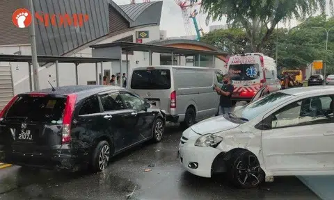 Woman, 60, taken to hospital after 3-car accident outside Woodleigh MRT Station