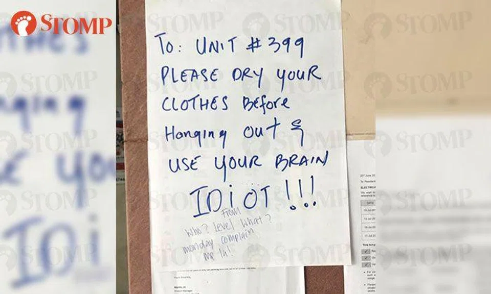 Angry note for 'idiot' who left wet clothing out to dry found at Serangoon lift lobby