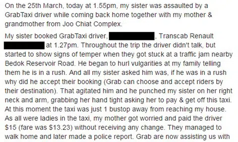 GrabTaxi driver suspended after allegedly punching female passenger and hurling vulgarities