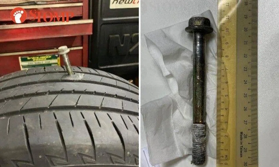 Man frustrated when 11cm-long screw punctures his car tyre at Aviation Park Road