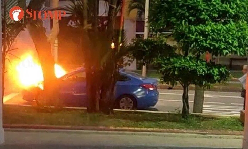 A Stomper shared a video showing flames coming from under the bonnet of the vehicle on the side of the road.