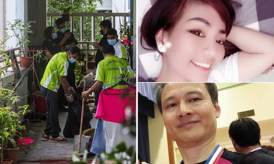 Nguyen Ngoc Giau (top right) stabbed Mr Cho Wang Keung in the common corridor outside his fifth-floor Ang Mo Kio Ave 3 flat shortly before 1am on July 15, 2021.