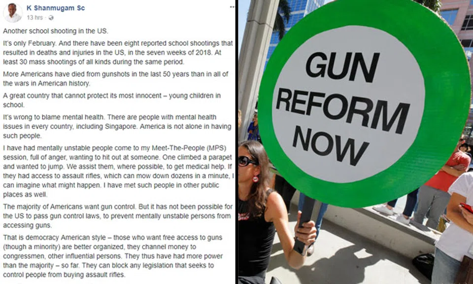 Protesters hold signs as they call for a reform of gun laws three days after the shooting at Marjory Stoneman Douglas High School, at a rally in Fort Lauderdale, Florida, U.S., February 17, 2018 (right). PHOTO: REUTERS/Jonathan Drake