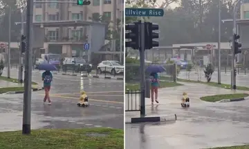 boy rides toy car in rain bukit timah