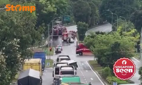 The fire involved the rear wheel of a tanker, said the Singapore Civil Defence Force.