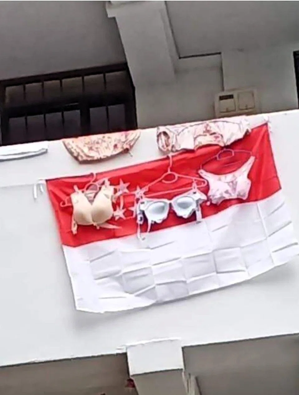 Singapore flag hung at a Housing Board block with three brassieres over it.
