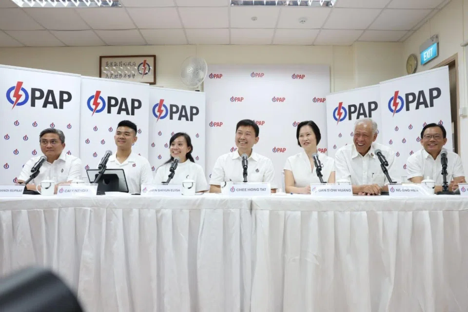 Mr Chee Hong Tat (centre) with (from left) Mr Saktiandi Supaat, PAP newcomers Cai Yinzhou and Elysa Chen, Ms Gan Siow Huang, Dr Ng Eng Hen and Mr Chong Kee Hiong at the announcement of the line-up on April 18.