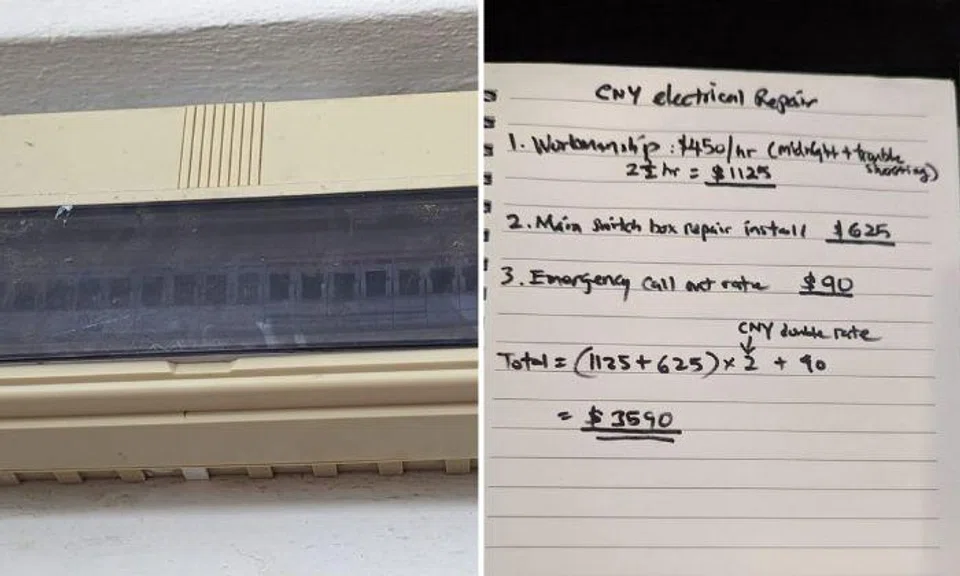 A homeowner was charged $3,590 by an electrician to fix the circuit breaker on the first day of Chinese New Year at midnight.