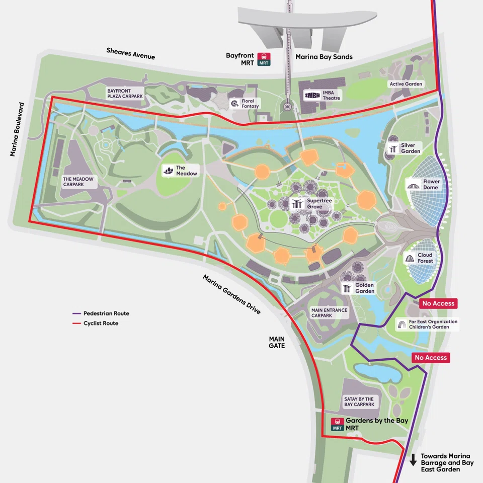 A map showing alternative routes for cyclists and pedestrians when works on the new bridge commence. PHOTO: GARDENS BY THE BAY