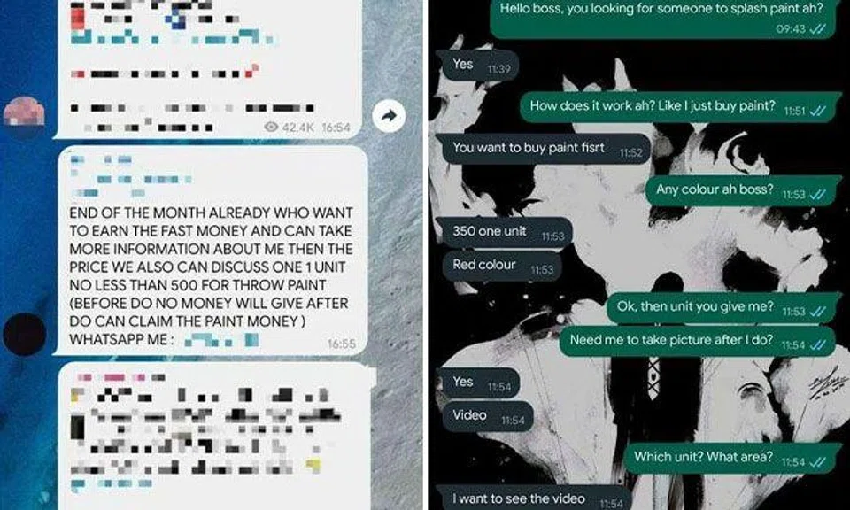 In one advertisement in a Telegram chat group, the number listed led to a WhatsApp business account, with the individual behind it offering $350 per paint-splattered door. PHOTOS: TELEGRAM, WHATSAPP