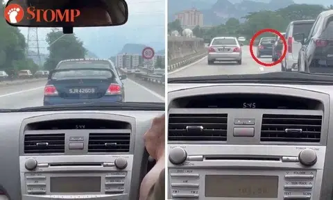 Stomper shared videos of a Mitsubishi car with a Singapore licence hogging the rightmost lane on a two-lane Malaysian highway.