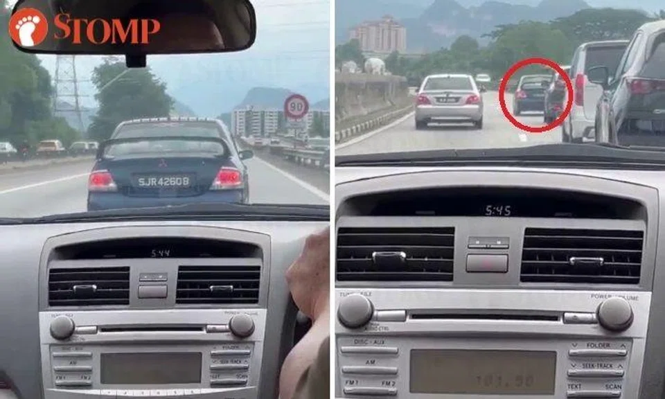 Stomper shared videos of a Mitsubishi car with a Singapore licence hogging the rightmost lane on a two-lane Malaysian highway.