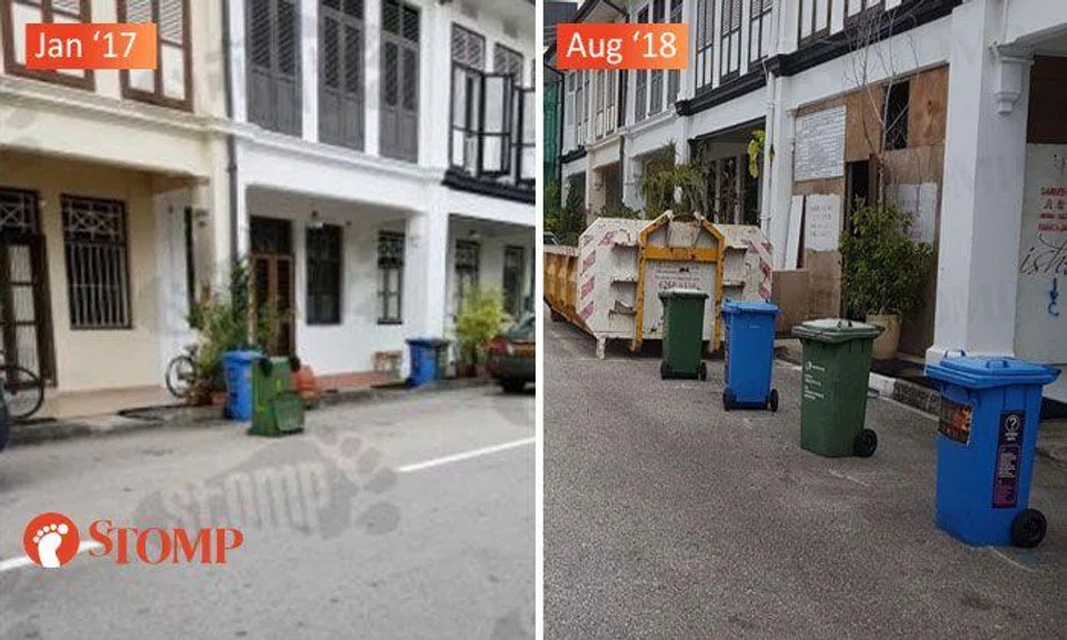 Drivers still use rubbish bins to "chope" public parking lots along Cheow Keng Rd