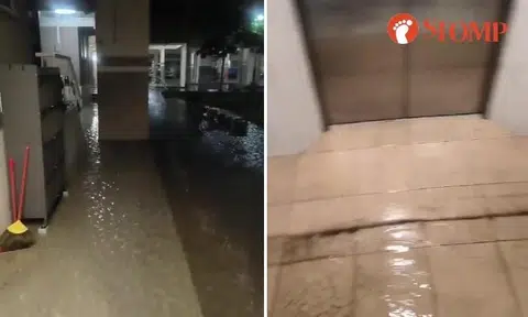 Ground floor lift lobby at Bedok Reservoir block flooded during heavy rain after midnight
