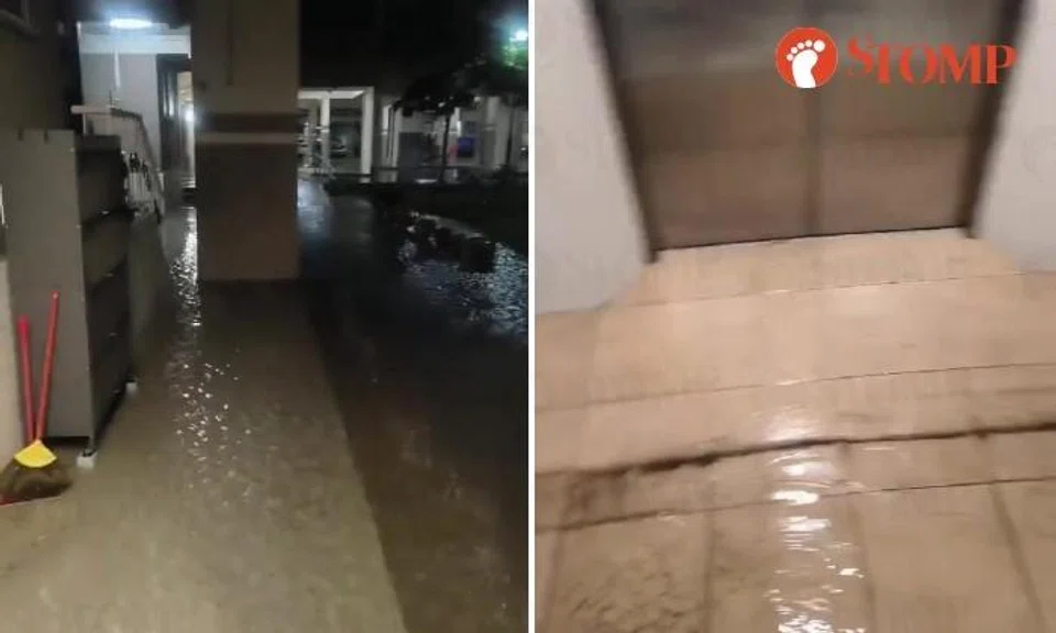 Ground floor lift lobby at Bedok Reservoir block flooded during heavy rain after midnight