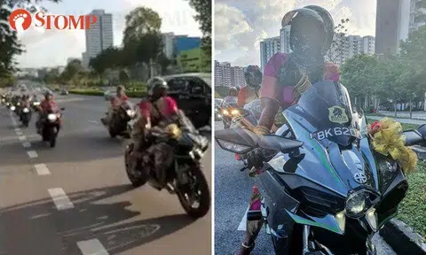 Bride leads motorcycle convoy for her own wedding in bridal saree
