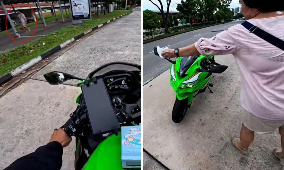 auntie saves the day helps motorcyclist swipe away grasshopper