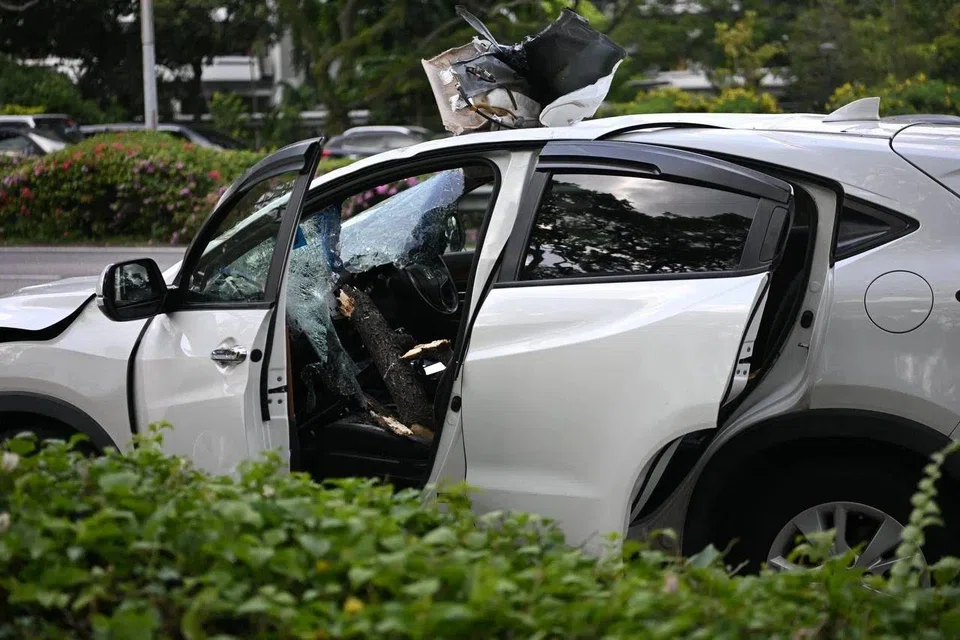 A broken branch was lying upright on the front passenger seat, which had the shattered windscreen caved in towards it. ST PHOTO: AZMI ATHNI