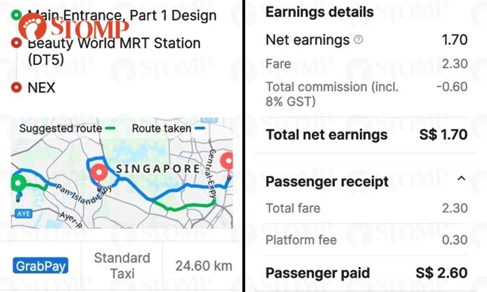 Stomper Adrian had driven the passenger from 3 Chin Bee Avenue in Jurong to Beauty World MRT station in Bukit Timah and Nex shopping mall in Serangoon.
