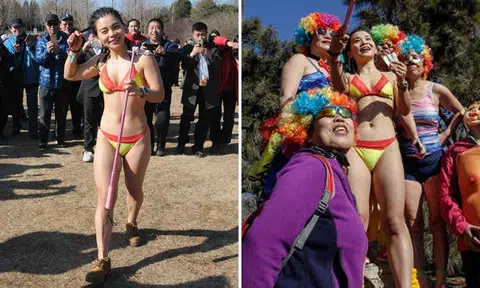 Bikini-clad participant becomes centre of attention at Beijing's annual 'Naked Run'