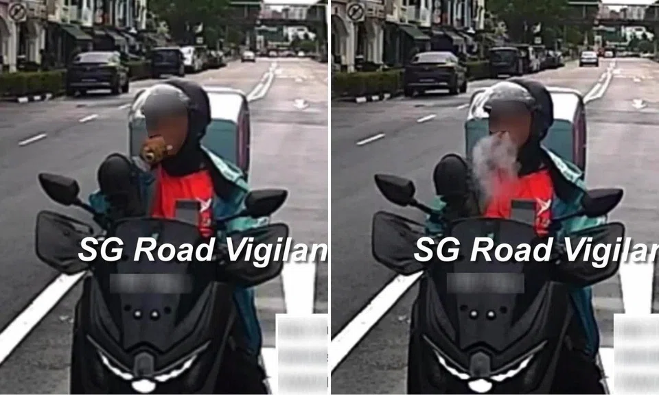 motorcyclist in lalamove uniform vapes on road
