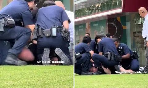 Man shouts as he's pinned down by police officers outside One Raffles Place
