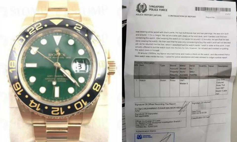 Mr Tang Guoxian realised that his $35,000 gold watch (left) was swapped with a fake one. He has since made a police report. (right) PHOTOS: LIANHE WANBAO