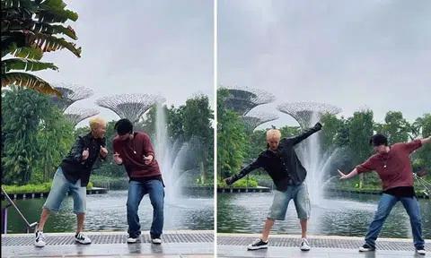K-pop boy band Seventeen members Hoshi (left) and Dino at the Marina Bay Sands hotel and dancing at Gardens by the Bay. PHOTOS: SAYTHENAME_17/INSTAGRAM